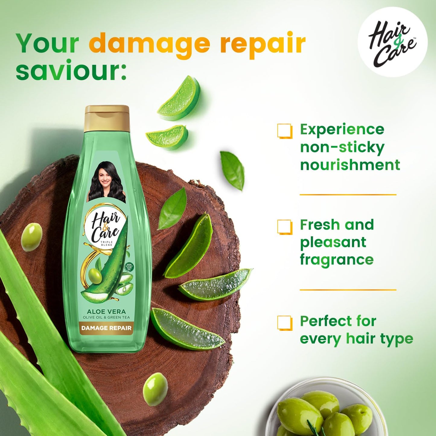 Hair & Care Damage Repair Non-Sticky Hair Oil with Aloe Vera, Olive Oil & Green Tea500 ml