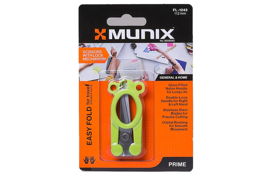 Munix FL-1243 112 mm / 4.5" Stainless Steel Foldable Scissors | Pointed Tip Blade with Lock Mechanism | Asymmetrical Handles for Easy Grip | Green, Pack of 1- Color May Vary