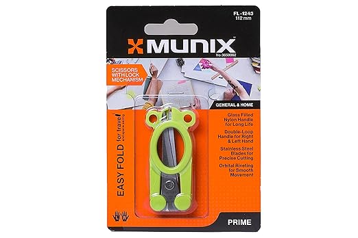 Munix FL-1243 112 mm / 4.5" Stainless Steel Foldable Scissors | Pointed Tip Blade with Lock Mechanism | Asymmetrical Handles for Easy Grip | Green, Pack of 1- Color May Vary