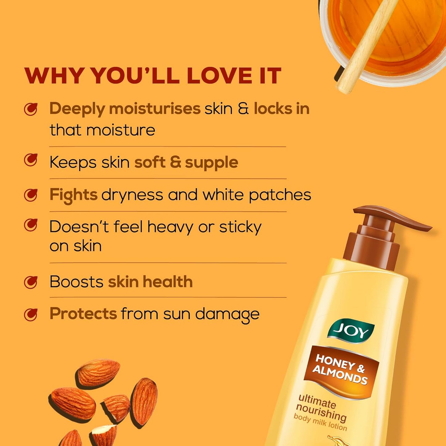 Joy Honey & Almonds Advanced Nourishing Lightweight Body Lotion 750ml | Enriched With Shea Butter | Summer Lotion With Natural Sunscreen Filters | Suitable for Normal to Dry Skin