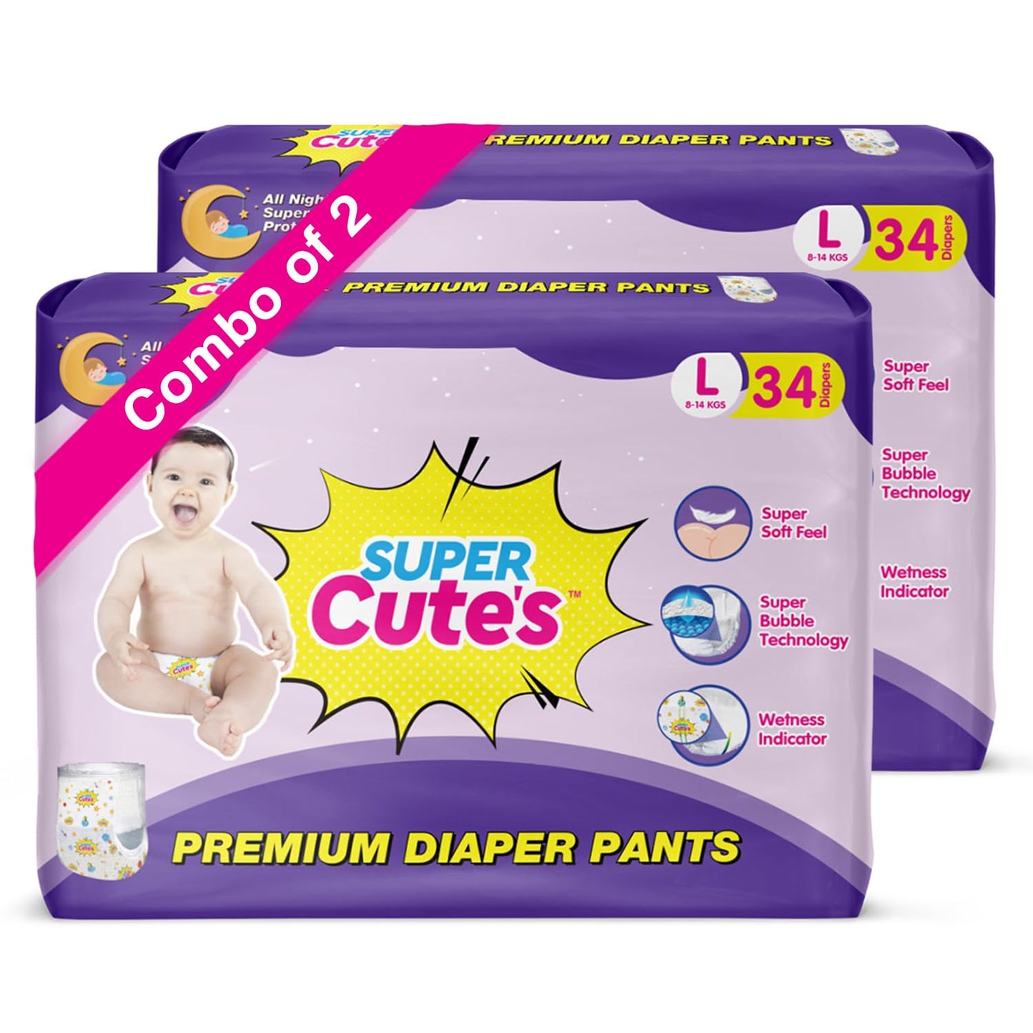 Super Cutes Premium Baby Diapers L Size 30 Count 9-14Kg,Medium34 counts,Small 40counts, XL 24 Counts , Super Soft and Rash Free Diaper Pants with 12 hrs Overnight Leakage Protection