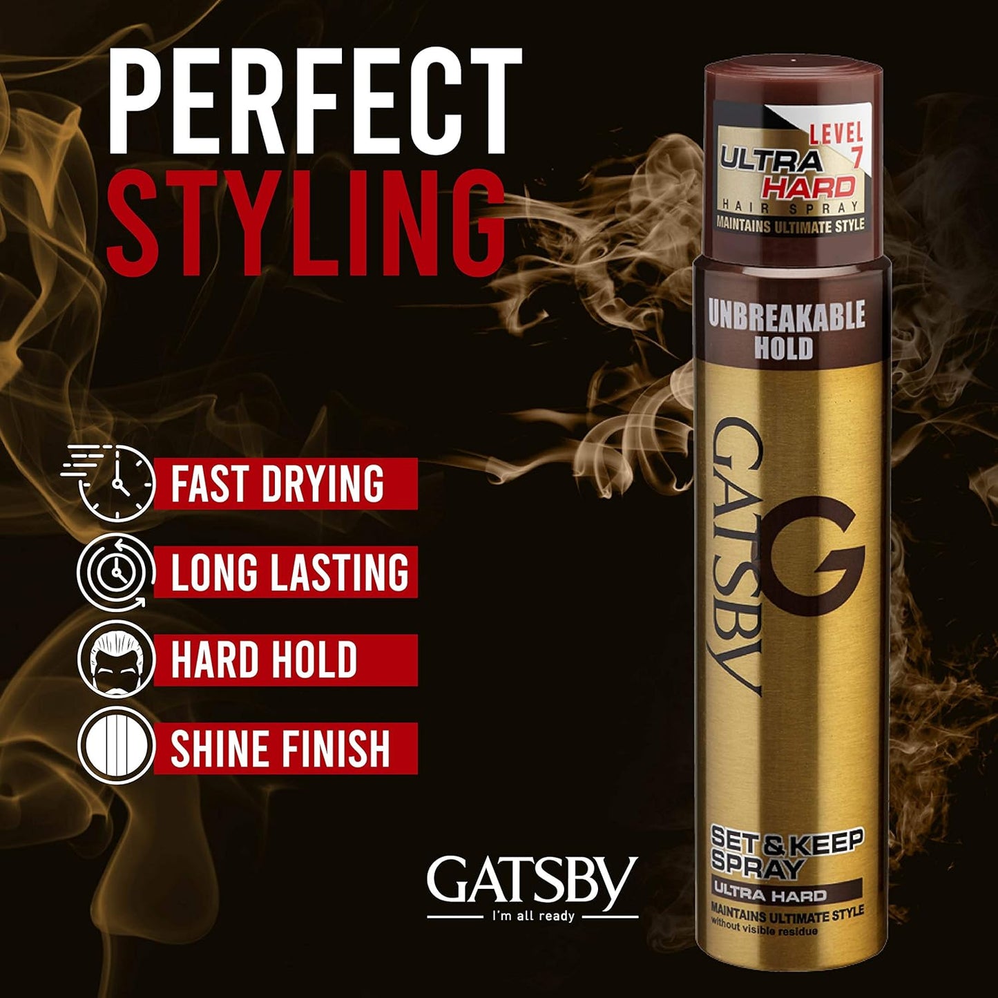 Gatsby Japan Set & Keep Hair Spray - Ultra Hard 250ml | Quick Drying, Long Lasting Hold, No Flaking, Natural Shine, & Easy Wash Off | Contains UV Ray Protector | Hair Spray For Salon Like Finish