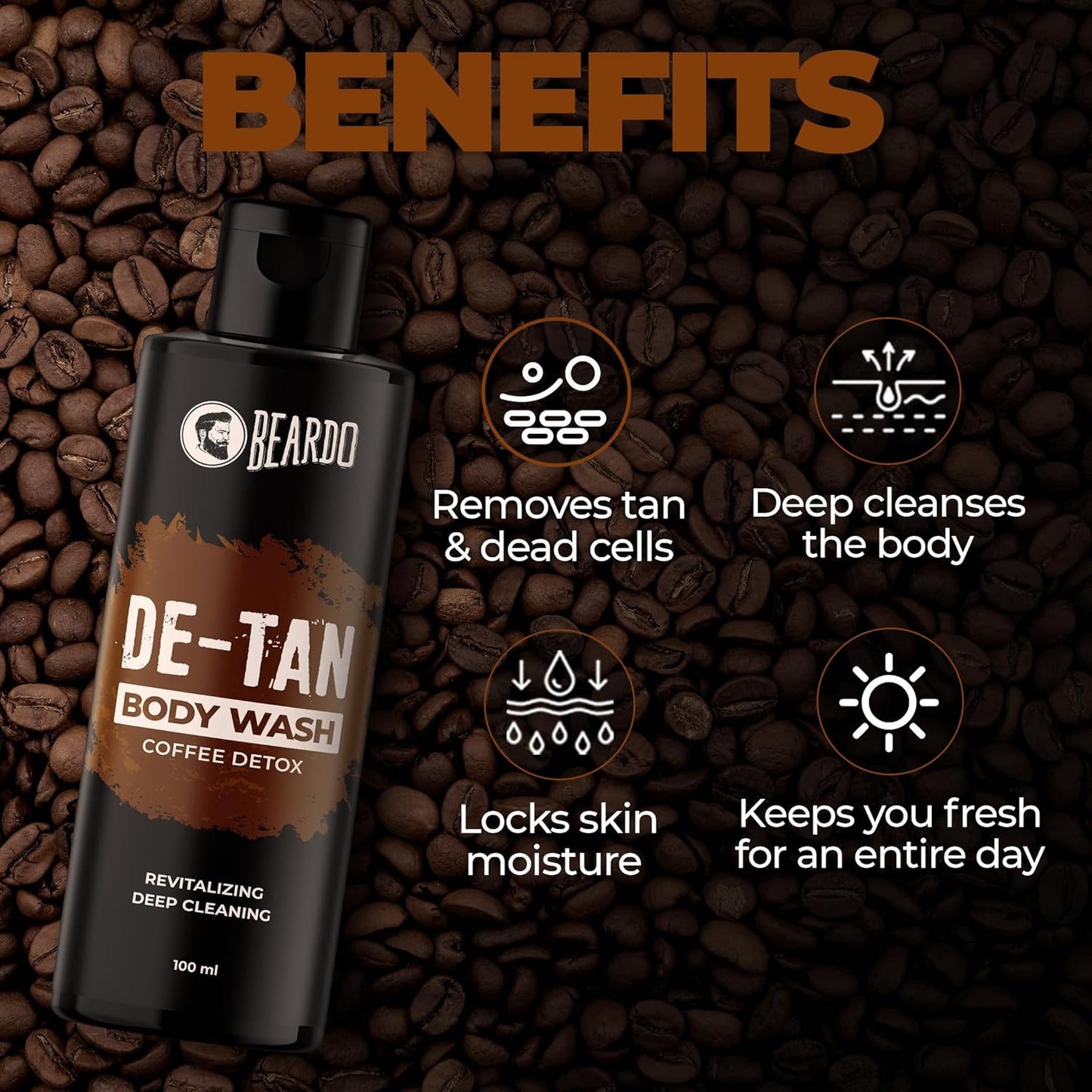 Beardo De-Tan Body Wash for Men, 200ml | Tan Removal and Caffeine Body Wash | Detan With Coffee & Aloe Extracts | For Body & Face | Refreshing Fragrance