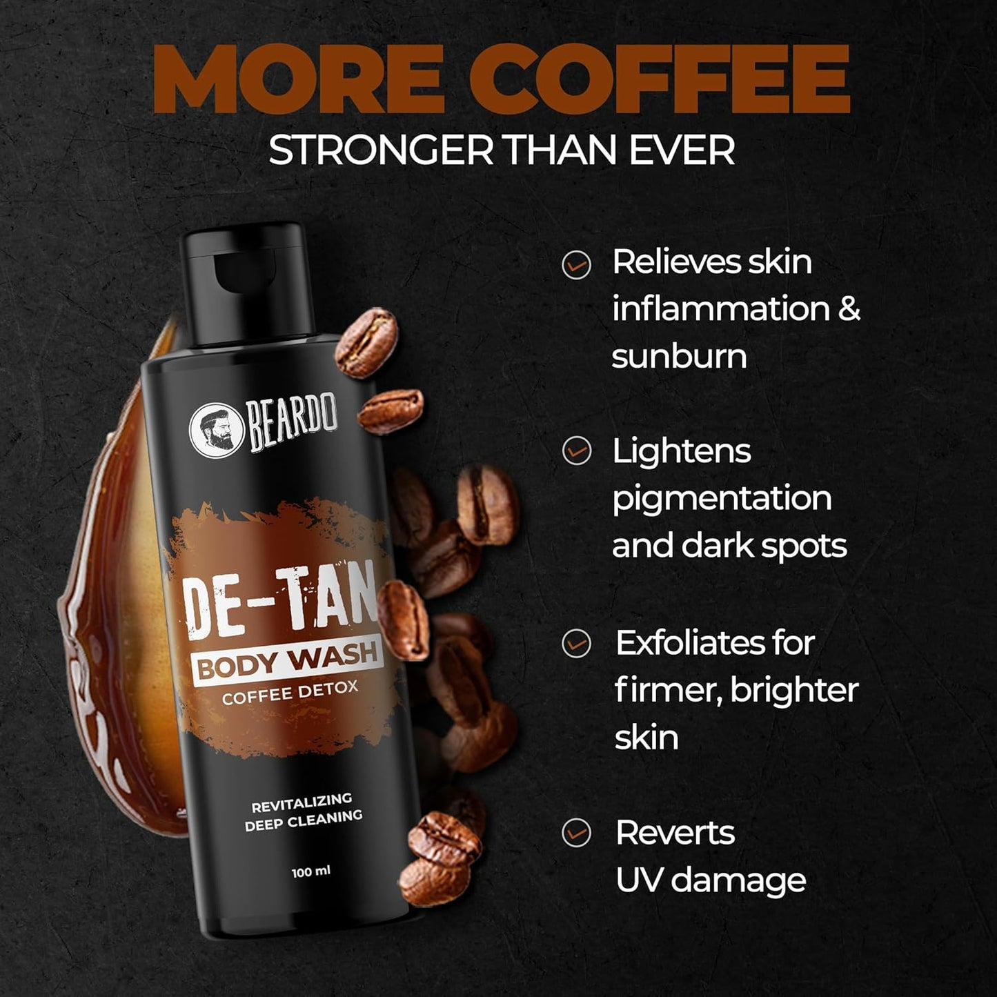 Beardo De-Tan Body Wash for Men, 200ml | Tan Removal and Caffeine Body Wash | Detan With Coffee & Aloe Extracts | For Body & Face | Refreshing Fragrance