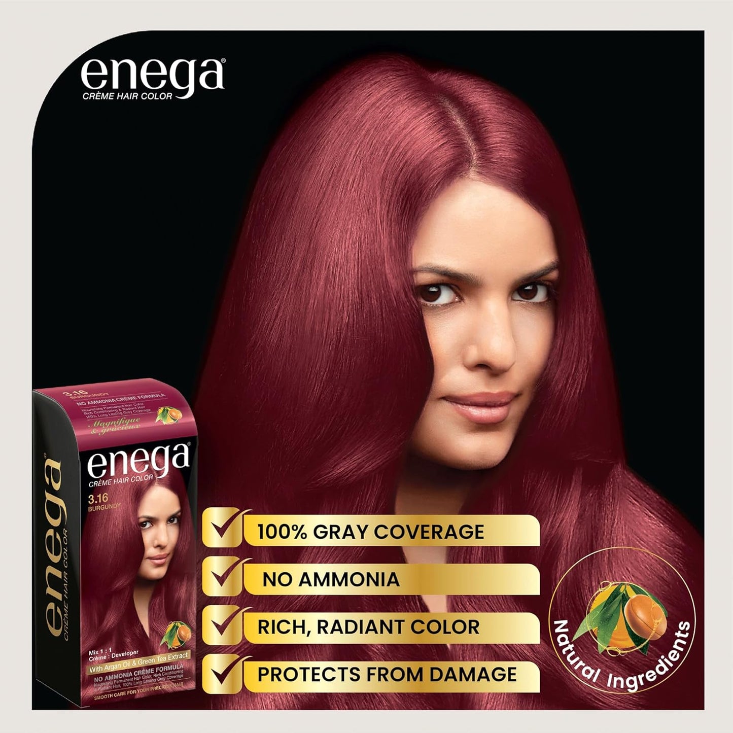 Enega No Ammonia Grey Coverage Long Lasting Creme Hair Color with Argan Oil & Green Tea Extract - Pack of 1(150 ML) (Golden Blonde)