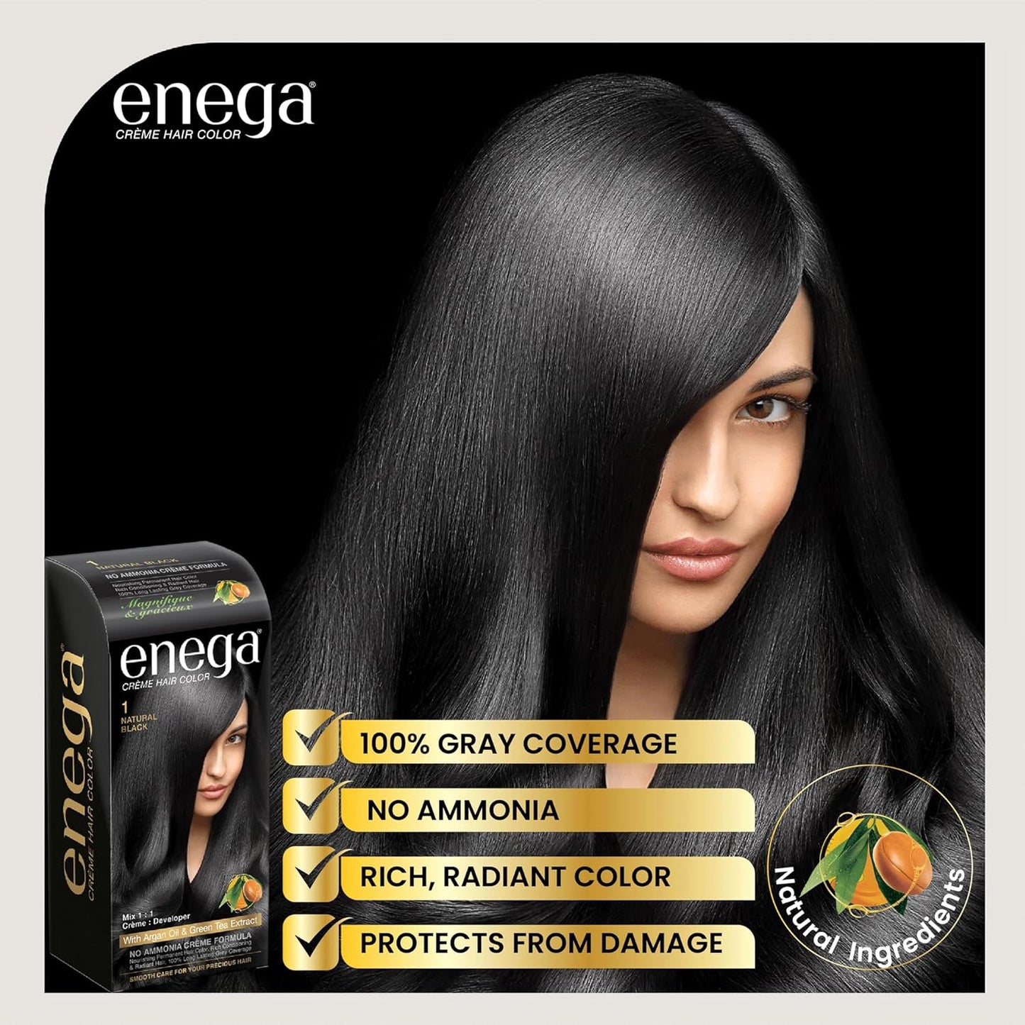 Enega No Ammonia Grey Coverage Long Lasting Creme Hair Color with Argan Oil & Green Tea Extract - Pack of 1(150 ML) (Golden Blonde)
