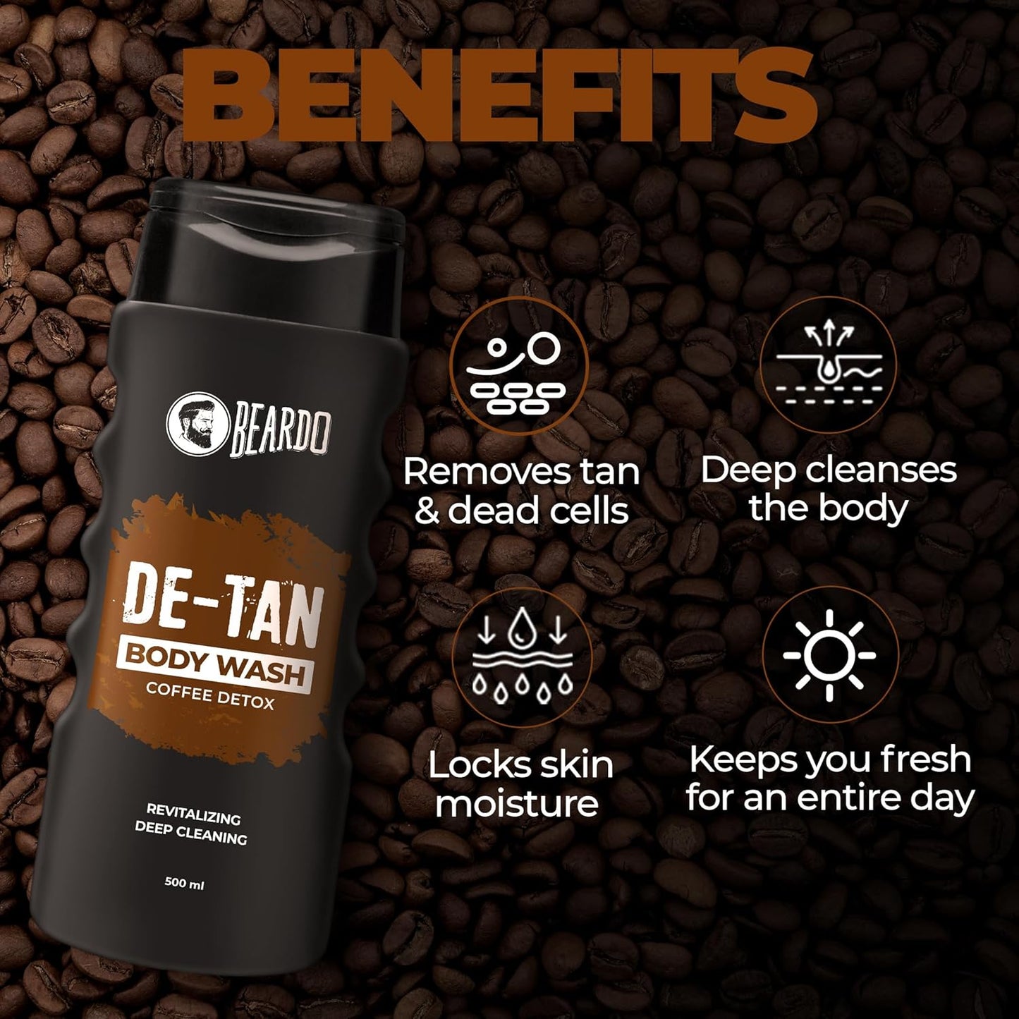 Beardo De-Tan Body Wash for Men, 200ml | Tan Removal and Caffeine Body Wash | Detan With Coffee & Aloe Extracts | For Body & Face | Refreshing Fragrance