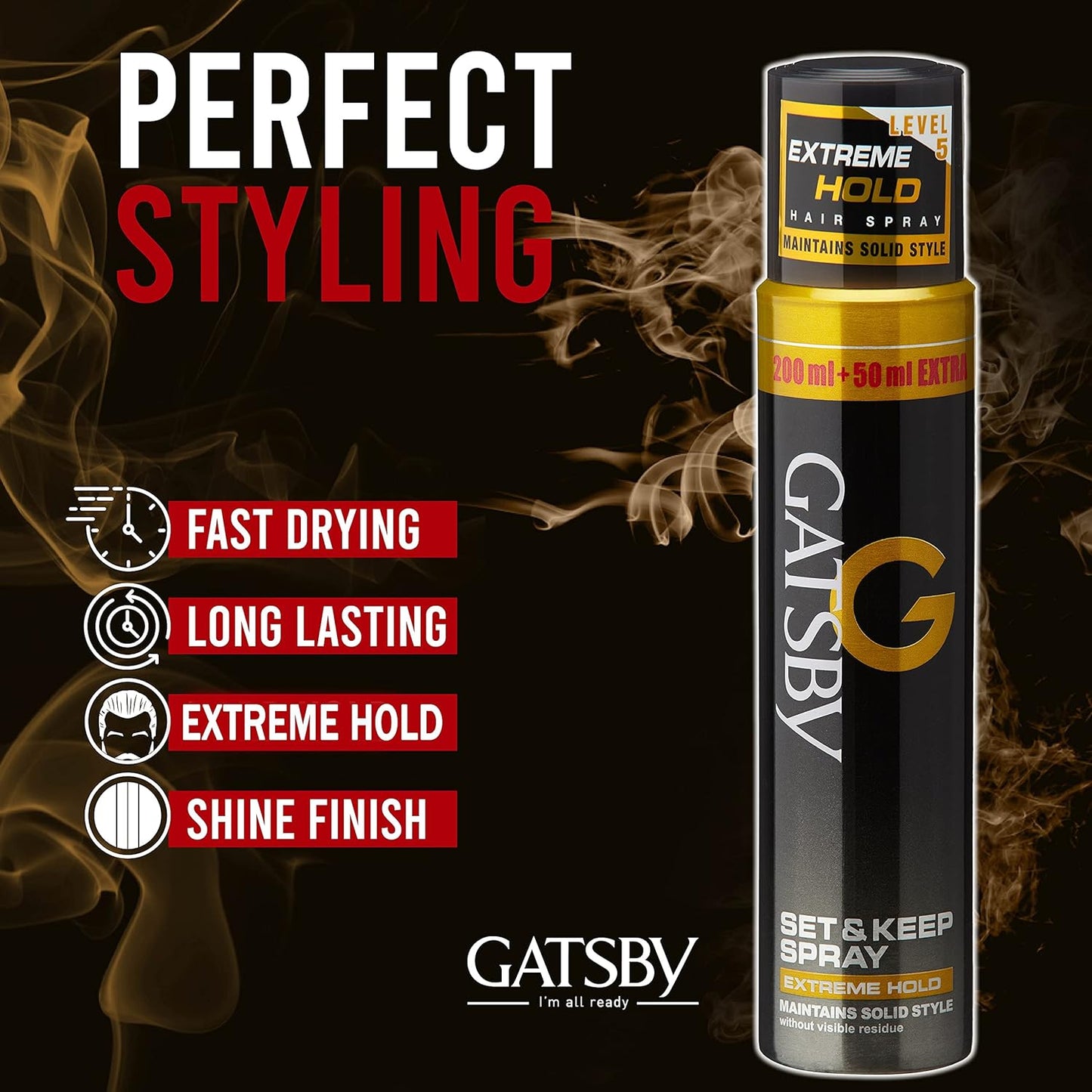 Gatsby Set & Keep Hair Spray - Extreme Hold | Quick Drying, Long Lasting Hold, No Flaking & Natural Shine | Non Sticky & Easy Wash Off | Styling Hair Spray | 250ml