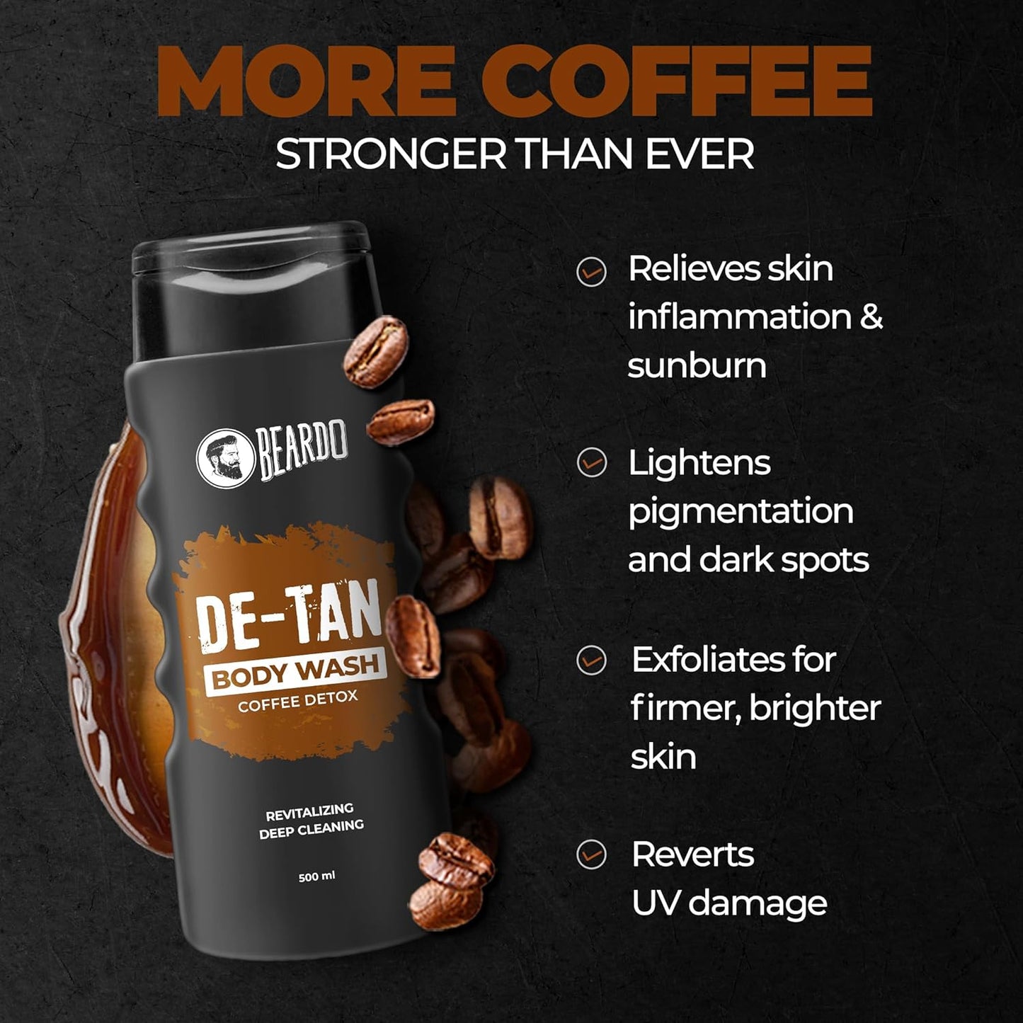 Beardo De-Tan Body Wash for Men, 200ml | Tan Removal and Caffeine Body Wash | Detan With Coffee & Aloe Extracts | For Body & Face | Refreshing Fragrance