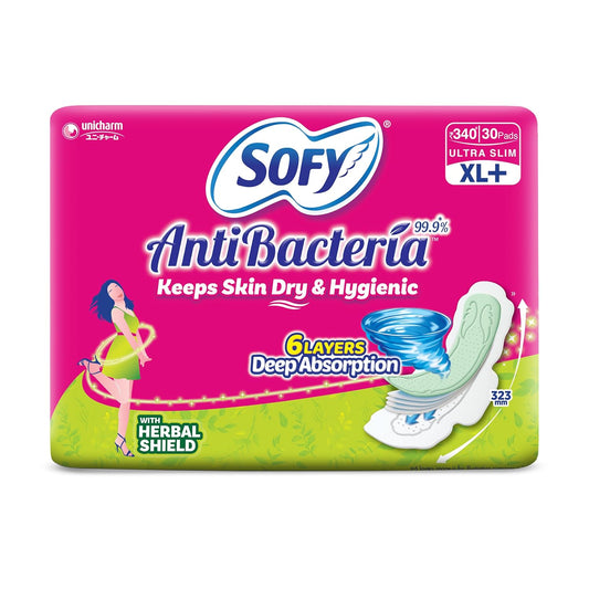 Sofy Anti-Bacteria Sanitary Pads (XL+ Size - 290 mm) 28 Pads - 6 layer deep absorption & Herbal Shield for Bacterial Protection, Soft on skin with comfy dry top sheet (Pack of 1)