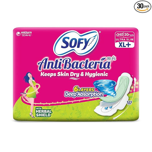 Sofy Anti-Bacteria Sanitary Pads (XL+ Size - 290 mm) 28 Pads - 6 layer deep absorption & Herbal Shield for Bacterial Protection, Soft on skin with comfy dry top sheet (Pack of 1)