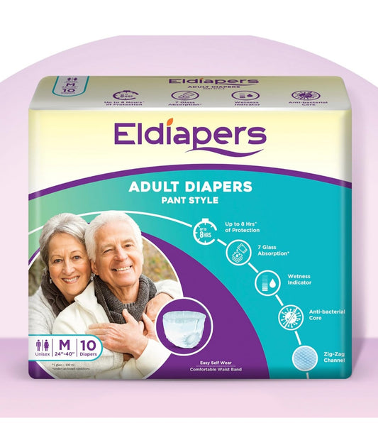 Eldiapers Pant Style Adult Diapers | waist Size (96-137 CM) (38"- 54" inch) 10 hr Absorption | Unisex | Odour Control (Large) (M)