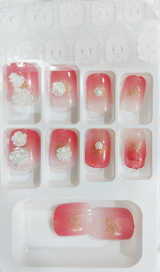 Premium Salon Look Nail/ 3D white Flowers Pearls / Reusable Artificial Nail set of 12