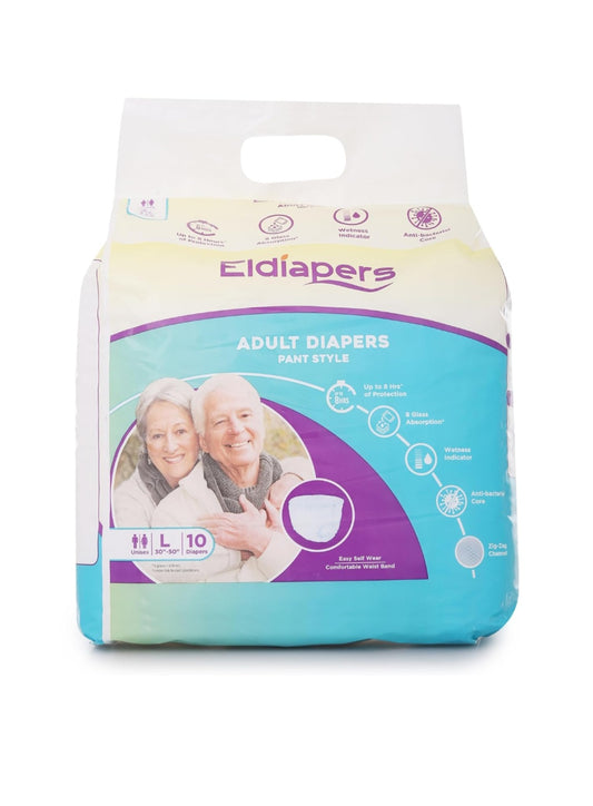 Eldiapers Adult Diapers, Pants Style, Large (L) Size, 10 Count, Waist Size (101-152cm | 40-60 inches), Unisex, High Absorbency, Leak Proof, Wetness Indicator, Pack of 1