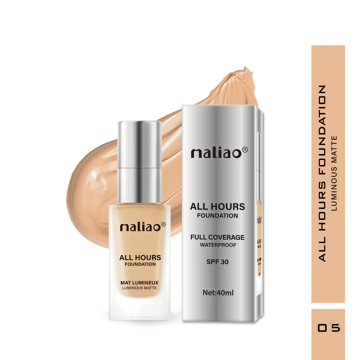 Maliao All Hours Foundation Mat Lumineux - Full Coverage, Waterproof, Luminous Matte Finish