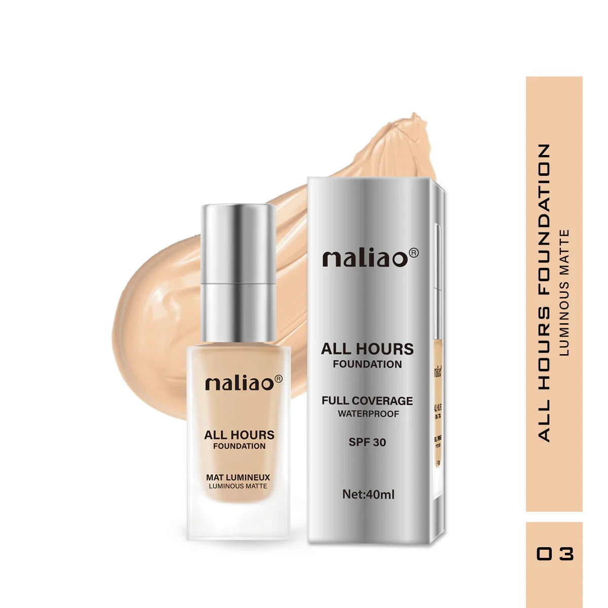 Maliao All Hours Foundation Mat Lumineux - Full Coverage, Waterproof, Luminous Matte Finish
