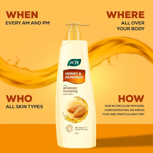 Joy Honey & Almonds Advanced Nourishing Body Lotion (750ml) | Body Moisturizer With Vitamin E - Reduces Fine Lines, Wrinkles & Prevents Dryness | Hydrates & Retains Moisture | Suitable for Men & Women
