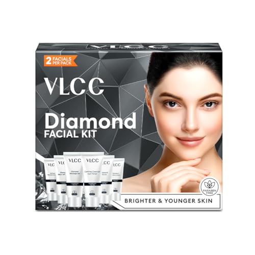 VLCC Diamond Facial Kit - 60g | Skin purifying with Parlour Glow | Improves Elasticity, Brightens and Lightens Patchy Damaged Skin | With Colloidal Diamond, Jojoba Oil, Olive Oil & Aloe Vera.