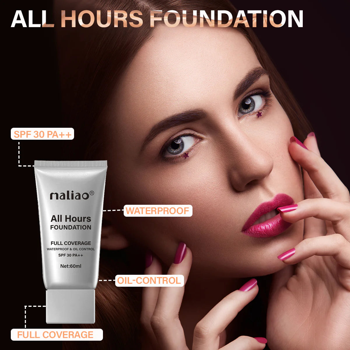 Maliao All Hours Foundation - Full Coverage, Waterproof, Oil Control, SPF 30 PA++