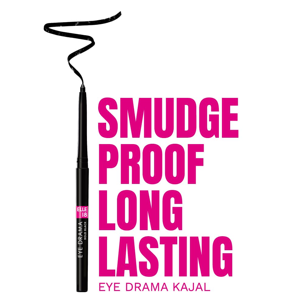 Elle 18 Eye Drama Kajal, Matte Finish, Super Black, Smudgeproof & Waterproof, 0.35 G