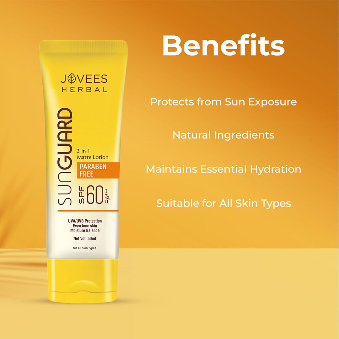 Jovees Herbal Sun Guard Lotion SPF 60 Pa+++ Broad Spectrum For All Skin | 3 in 1 Matte Lotion UVA/UVB Protection, Moisture Balance, Even Tone Skin For Women/Men 100ml