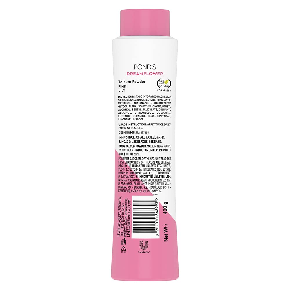 POND'S Dreamflower Pink Lily Fragrance Talcum Powder 400 g, Cooling Fresh Talc for Face & Body - For Men & Women