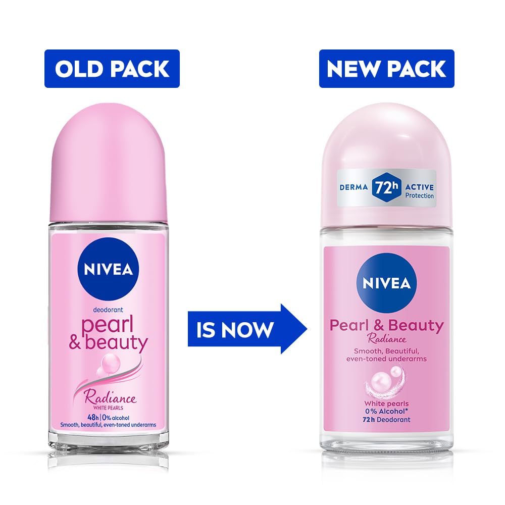 NIVEA Pearl and Beauty 50ml Deo Roll On | With Pearl Extracts & Avocado Oil| 72 H Smooth & Beautiful Underarms | 0% Alcohol | For Women