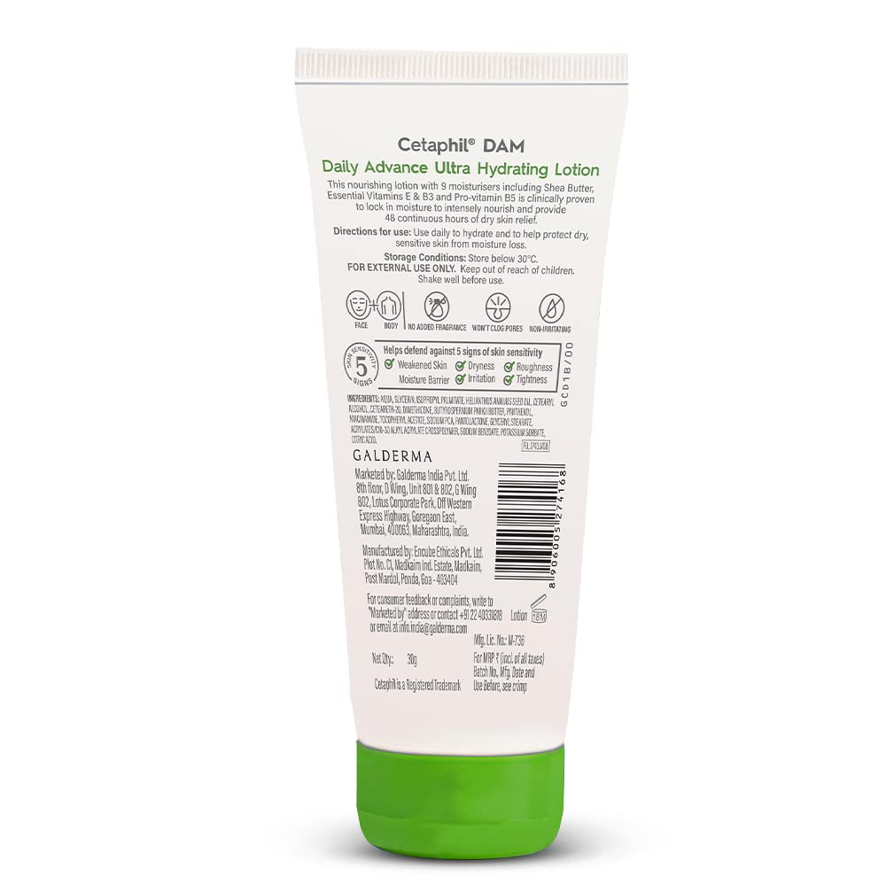 Cetaphil DAM Daily Advance Ultra Hydrating Lotion for Dry, Sensitive Skin| 30 g| Moisturizer with Shea Butter| Non-Greasy, Fragrance-Free| Paraben, Sulphate Free