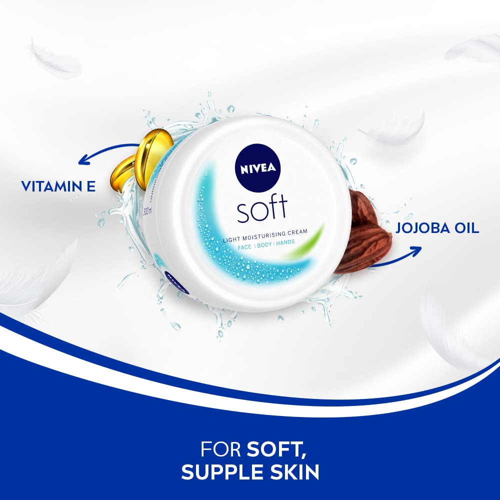 NIVEA Soft Light Moisturizer, 300 ml, for Face, Hand & Body, Non-Greasy Cream with Vitamin E & Jojoba Oil for Instant Hydration