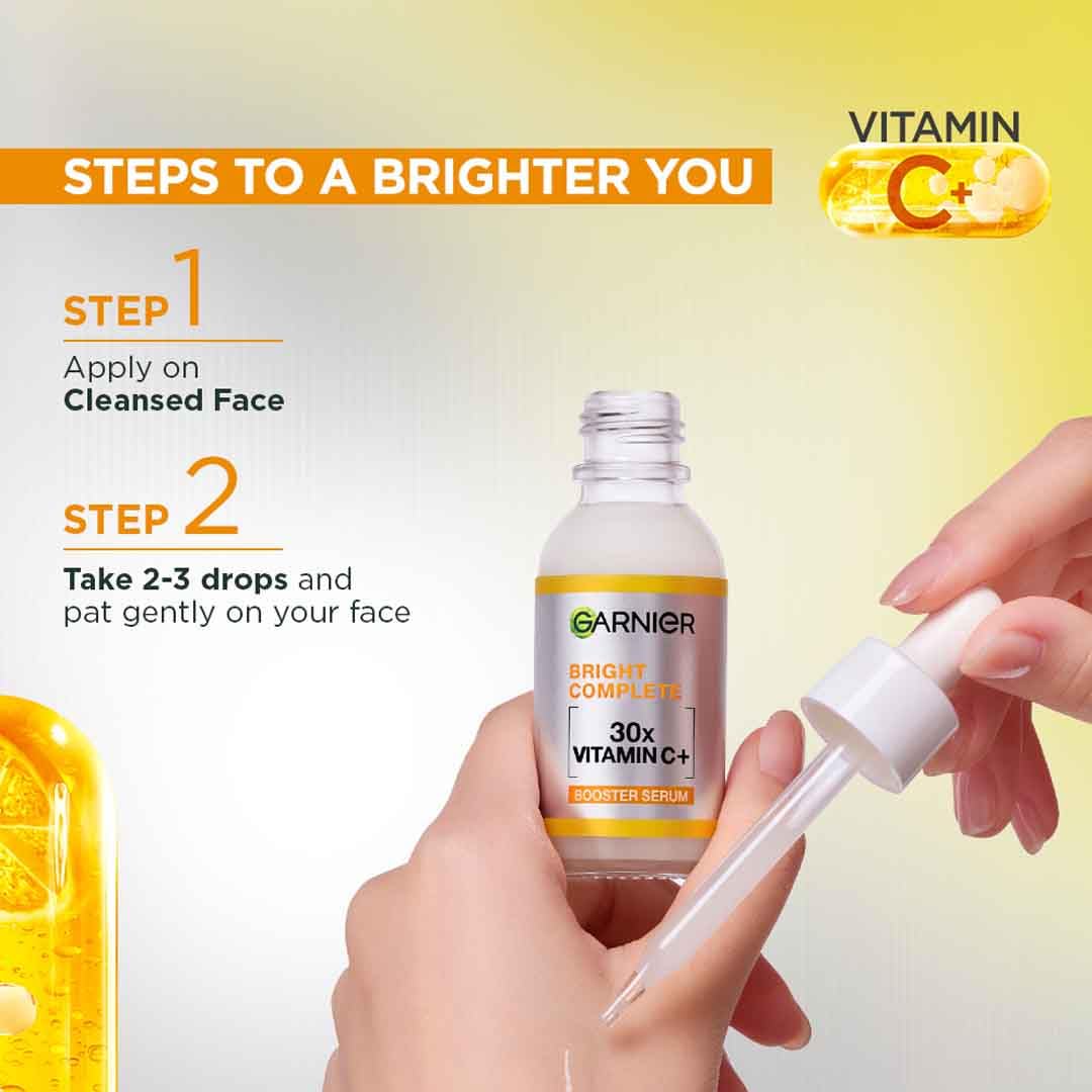 Garnier Vitamin C + Booster Face Serum For Skin Brightening and Anti-Dark Spots with 30X Vitamin C, 2% Niacinamide and BHA | Brighter Skin in Just 3 days | Suitable for Oily , Dry, Combination , Sensitive Skin | For Men and Women | 50ml