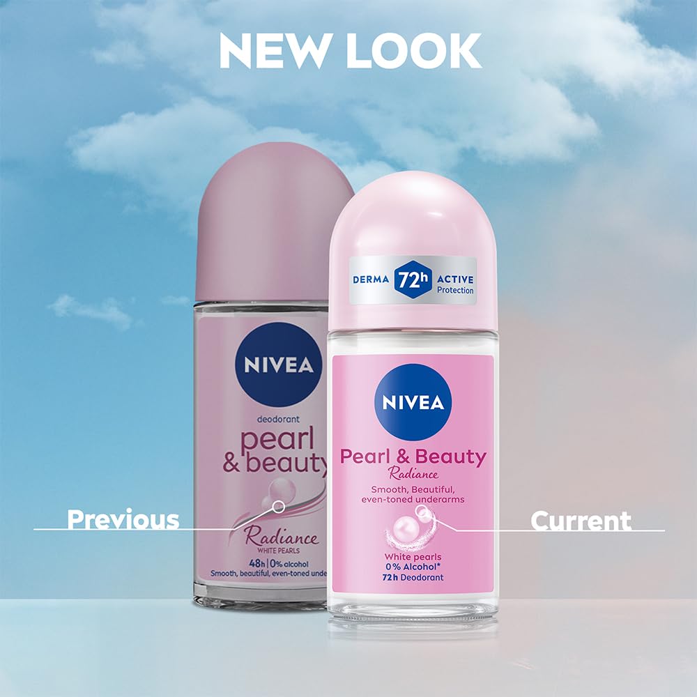 NIVEA Pearl and Beauty 50ml Deo Roll On | With Pearl Extracts & Avocado Oil| 72 H Smooth & Beautiful Underarms | 0% Alcohol | For Women