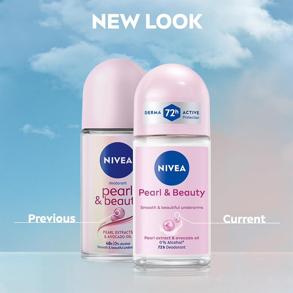 NIVEA Pearl and Beauty 50ml Deo Roll On | With Pearl Extracts & Avocado Oil| 72 H Smooth & Beautiful Underarms | 0% Alcohol | For Women