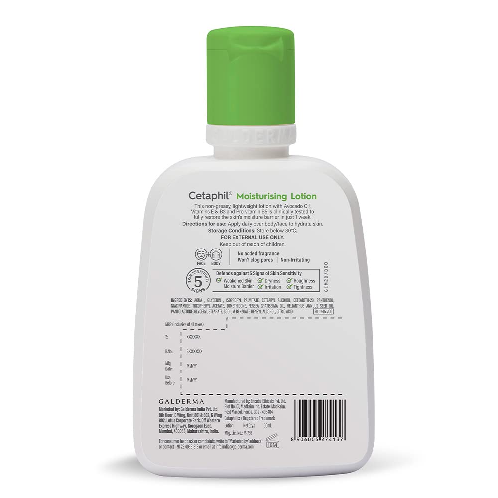 Cetaphil Moisturizing Lotion for Dry to Normal, Sensitive Skin| 100 ml| Moisturizer with Niacinamide, Panthenol| Non-greasy, Won t Clog Pores| Dermatologist Recommended| Paraben, Sulphate Free
