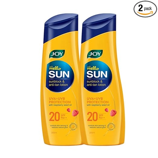 Joy Hello Sun Body Sunscreen Lotion SPF 20 PA++ (300ml x 2) For Tan Control & Body Moisturization | Lightweight, Zero White Cast & Easy Absorption | For Normal to Oily Skin