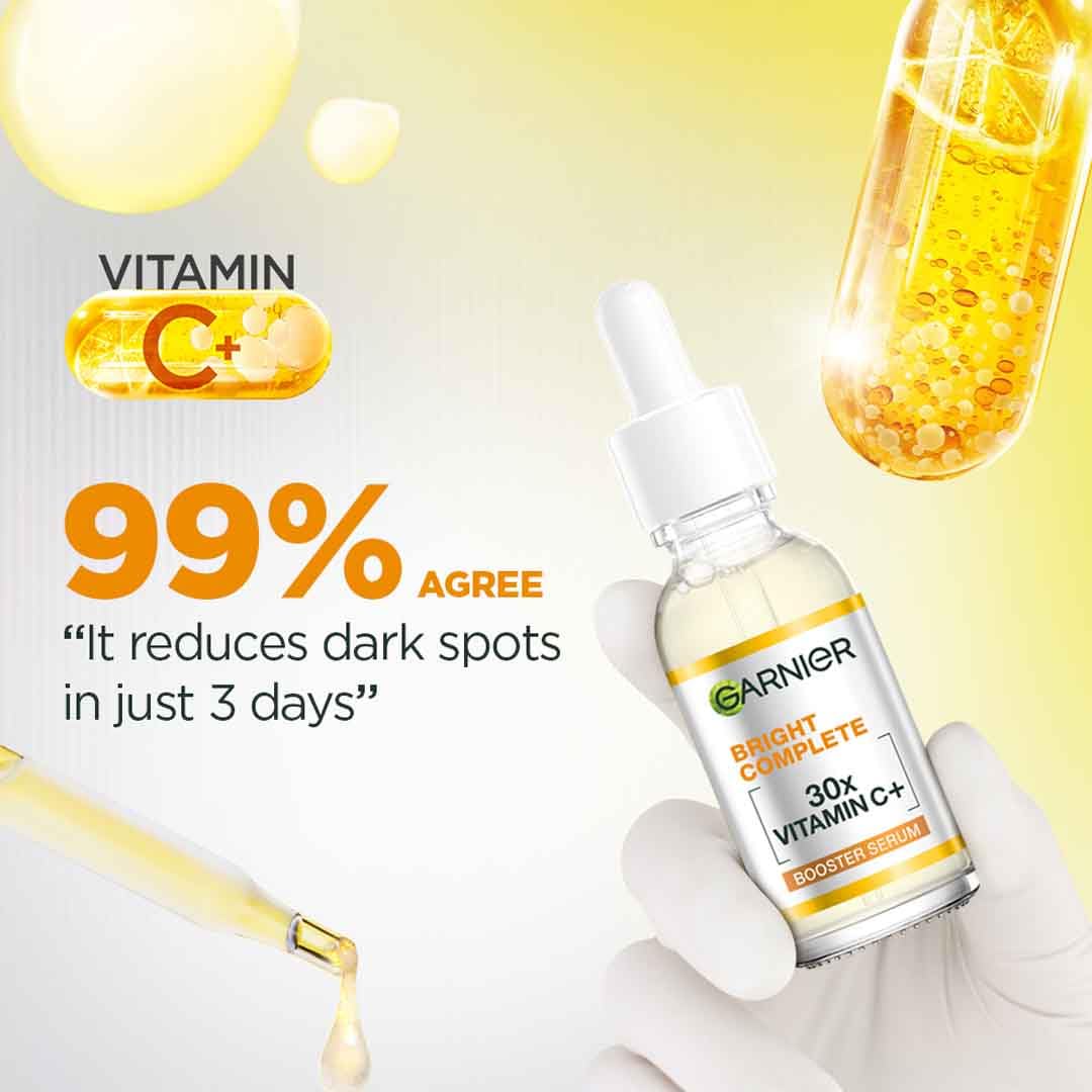 Garnier Vitamin C + Booster Face Serum For Skin Brightening and Anti-Dark Spots with 30X Vitamin C, 2% Niacinamide and BHA | Brighter Skin in Just 3 days | Suitable for Oily , Dry, Combination , Sensitive Skin | For Men and Women | 50ml