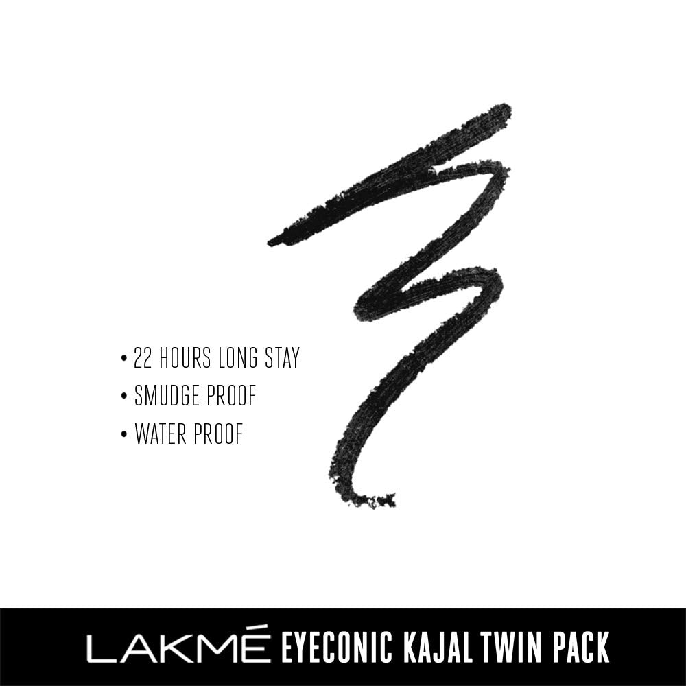 LAKMÉ Eyeconic Black Kajal 0.35 g (Combo Pack of 2) Matte Kohl Liner in a Twist Up Pencil - Waterproof, Smudge Proof & Long Lasting Eye Makeup