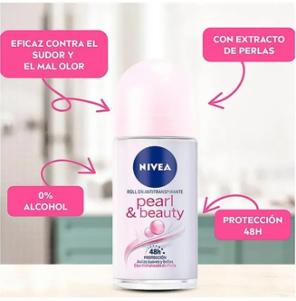 NIVEA Pearl and Beauty 50ml Deo Roll On | With Pearl Extracts & Avocado Oil| 72 H Smooth & Beautiful Underarms | 0% Alcohol | For Women