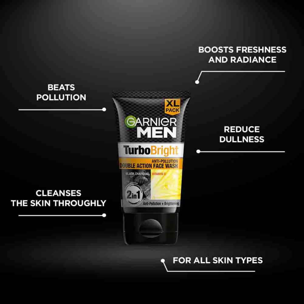 Garnier Men, Face Wash, Brightening & Anti-Pollution, TurboBright Double Action, 100 g