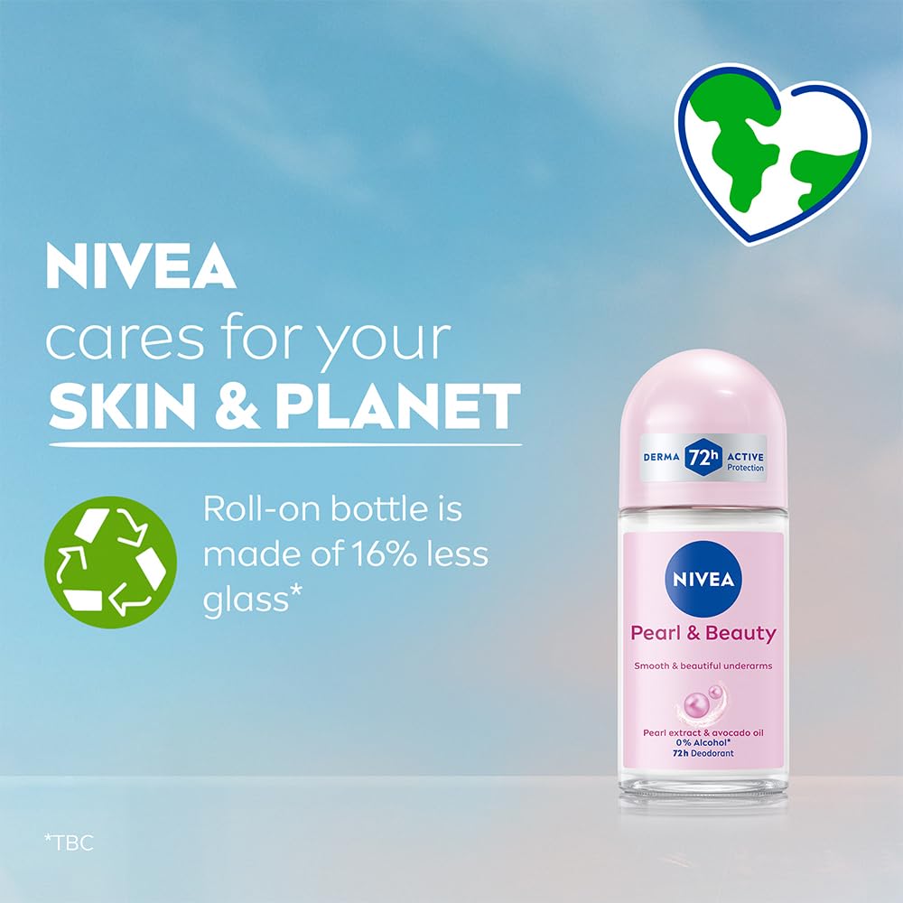 NIVEA Pearl and Beauty 50ml Deo Roll On | With Pearl Extracts & Avocado Oil| 72 H Smooth & Beautiful Underarms | 0% Alcohol | For Women