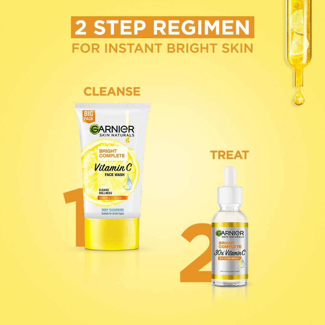Garnier Vitamin C + Booster Face Serum For Skin Brightening and Anti-Dark Spots with 30X Vitamin C, 2% Niacinamide and BHA | Brighter Skin in Just 3 days | Suitable for Oily , Dry, Combination , Sensitive Skin | For Men and Women | 50ml