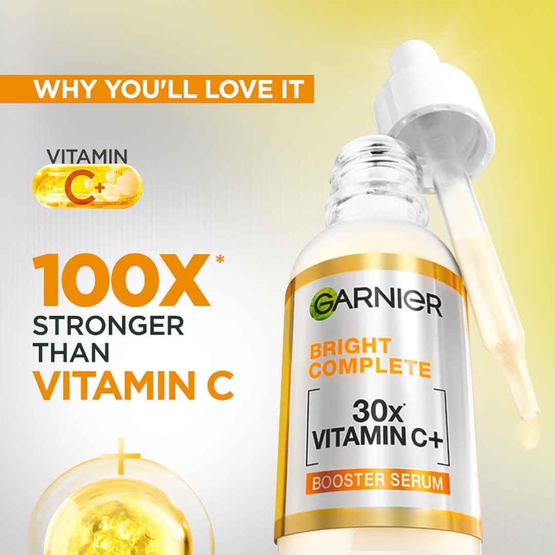 Garnier Vitamin C + Booster Face Serum For Skin Brightening and Anti-Dark Spots with 30X Vitamin C, 2% Niacinamide and BHA | Brighter Skin in Just 3 days | Suitable for Oily , Dry, Combination , Sensitive Skin | For Men and Women | 50ml