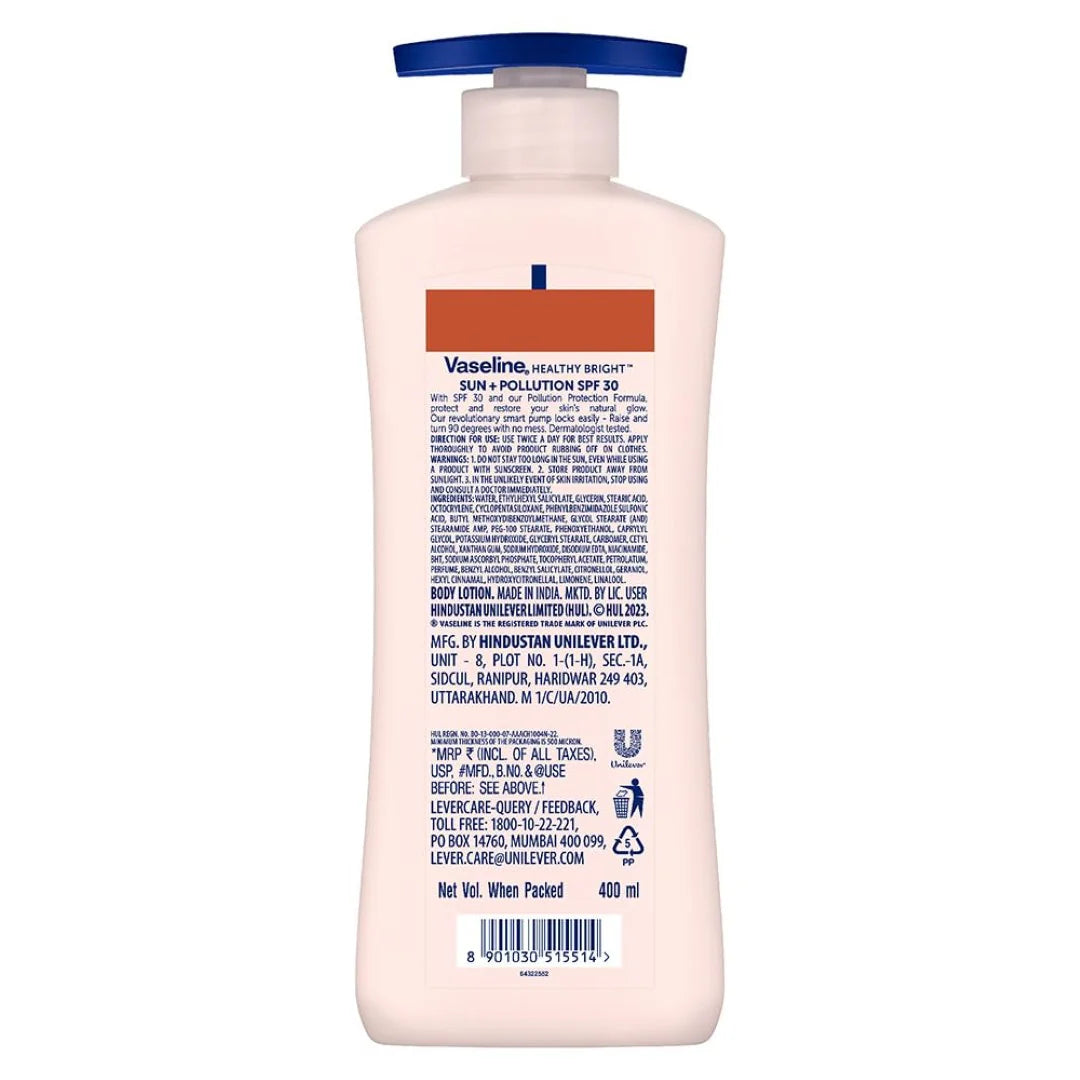 Vaseline Healthy Bright, Sun + Pollution Protection Daily Moisturizer, 400ml, for Glowing Skin, 2-in-1 Body Lotion with SPF 30, Fast Absorbing and Non-sticky, for Dry Skin, for Men & Women