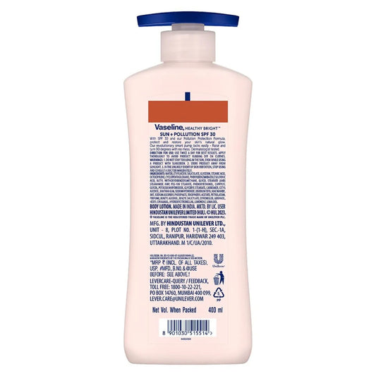 Vaseline Healthy Bright, Sun + Pollution Protection Daily Moisturizer, 400ml, for Glowing Skin, 2-in-1 Body Lotion with SPF 30, Fast Absorbing and Non-sticky, for Dry Skin, for Men & Women