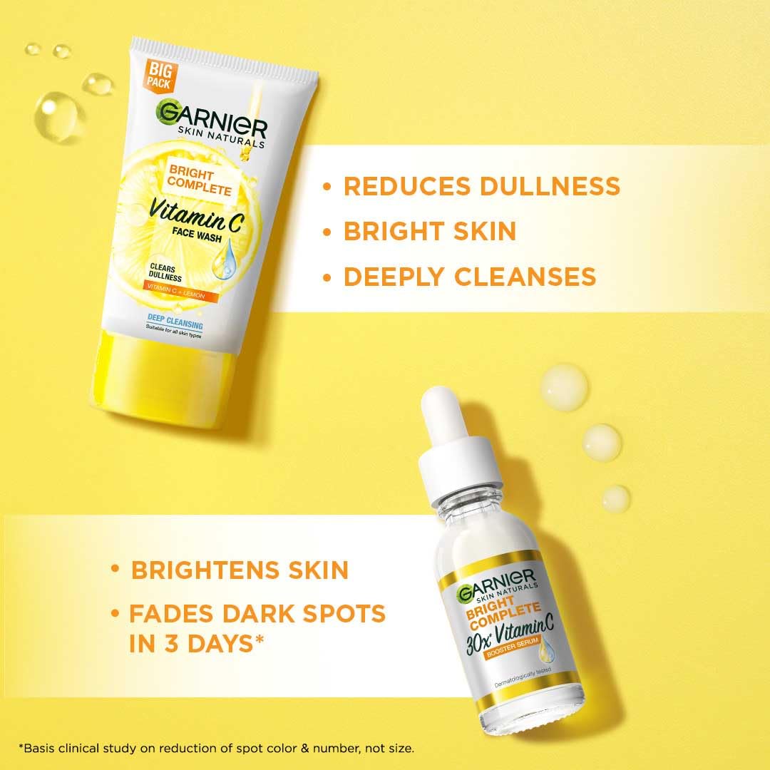 Garnier Vitamin C + Booster Face Serum For Skin Brightening and Anti-Dark Spots with 30X Vitamin C, 2% Niacinamide and BHA | Brighter Skin in Just 3 days | Suitable for Oily , Dry, Combination , Sensitive Skin | For Men and Women | 50ml