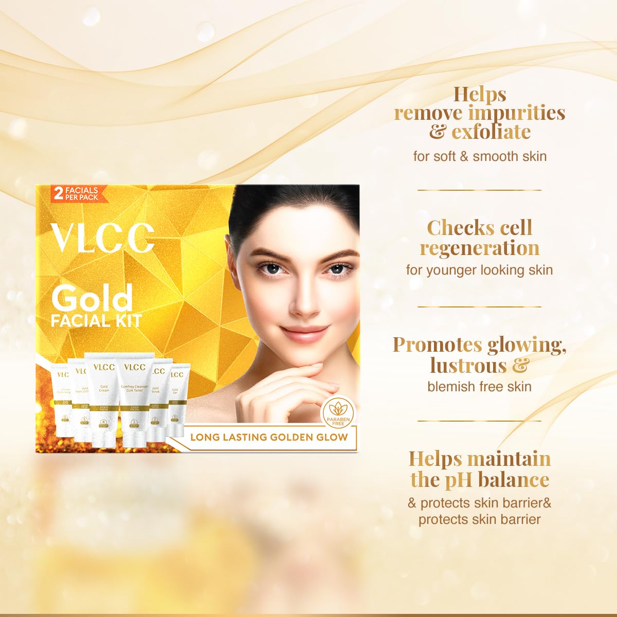 VLCC Gold Facial Kit, Bright & Glowing Skin - 60g | Pamper your Skin for a Luminous Glow | Parlour Glow with 24K Gold Bhasma, Rose Extracts, Turmeric & Aloe Vera.