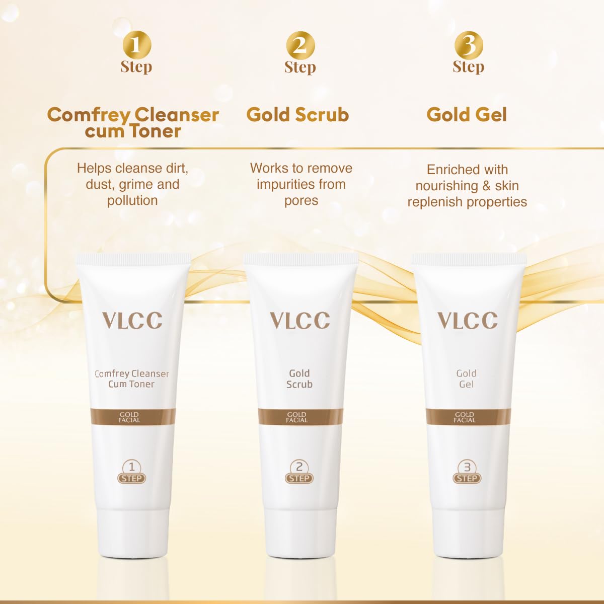 VLCC Gold Facial Kit, Bright & Glowing Skin - 60g | Pamper your Skin for a Luminous Glow | Parlour Glow with 24K Gold Bhasma, Rose Extracts, Turmeric & Aloe Vera.