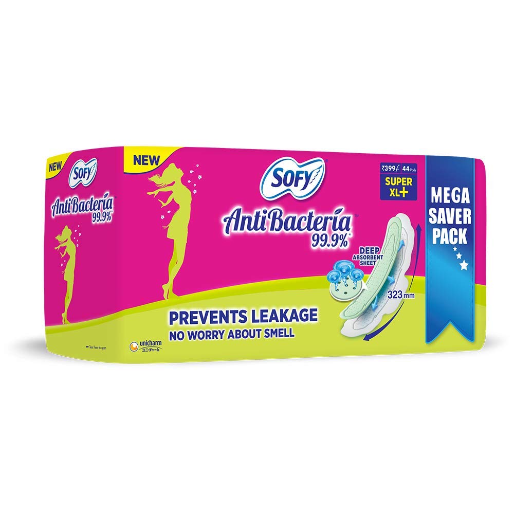 Sofy Anti-Bacteria Sanitary Pads (XL+ Size - 290 mm) 28 Pads - 6 layer deep absorption & Herbal Shield for Bacterial Protection, Soft on skin with comfy dry top sheet (Pack of 1)