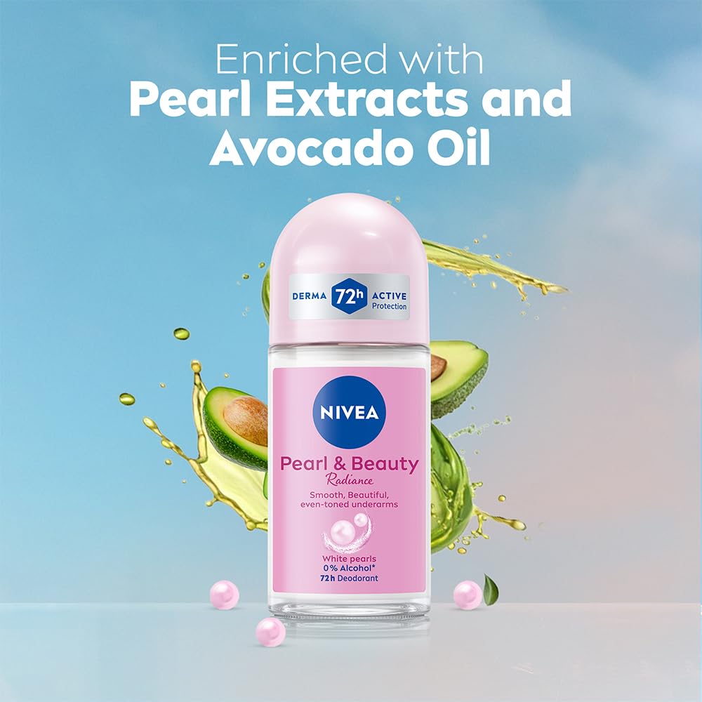 NIVEA Pearl and Beauty 50ml Deo Roll On | With Pearl Extracts & Avocado Oil| 72 H Smooth & Beautiful Underarms | 0% Alcohol | For Women