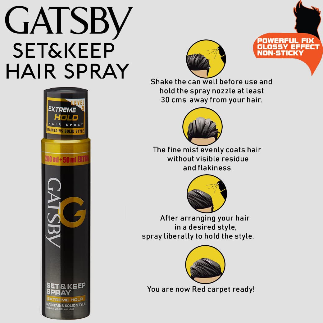 Gatsby Set & Keep Hair Spray - Extreme Hold | Quick Drying, Long Lasting Hold, No Flaking & Natural Shine | Non Sticky & Easy Wash Off | Styling Hair Spray | 250ml
