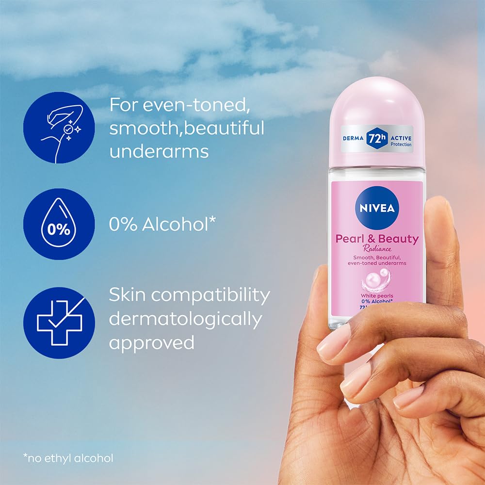 NIVEA Pearl and Beauty 50ml Deo Roll On | With Pearl Extracts & Avocado Oil| 72 H Smooth & Beautiful Underarms | 0% Alcohol | For Women